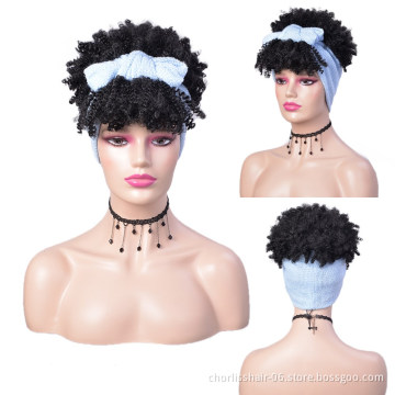 Wholesale Cheap Ombre Turban Wig Afro Short Headband Wigs Kinky Curly Synthetic Wig With Headband Attached For Black Women